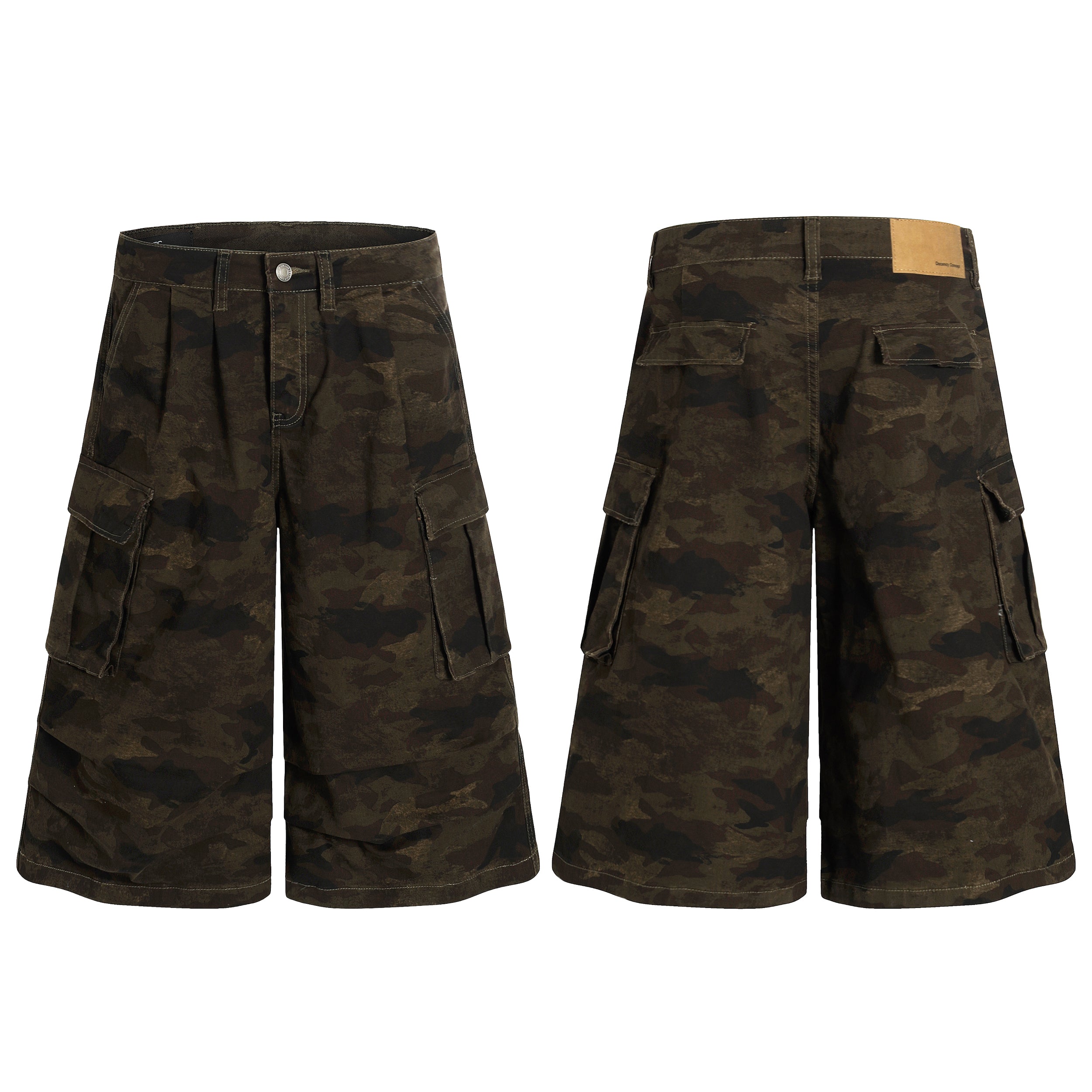 Front and back view of wide-leg dark olive camo cargo shorts with oversized flap pockets and deep front pleats