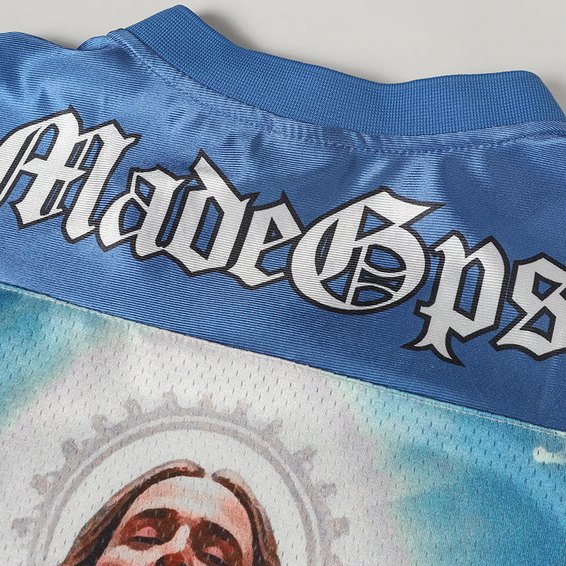 Made Gpsr Sacred Art Jesus Football Jersey | Blue Graphic