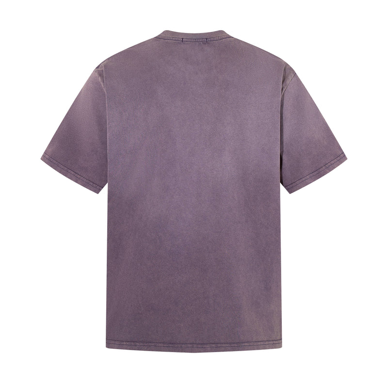 Vintage washed purple graphic T-shirt shown from the back on a clean white background, short sleeves and relaxed streetwear fit