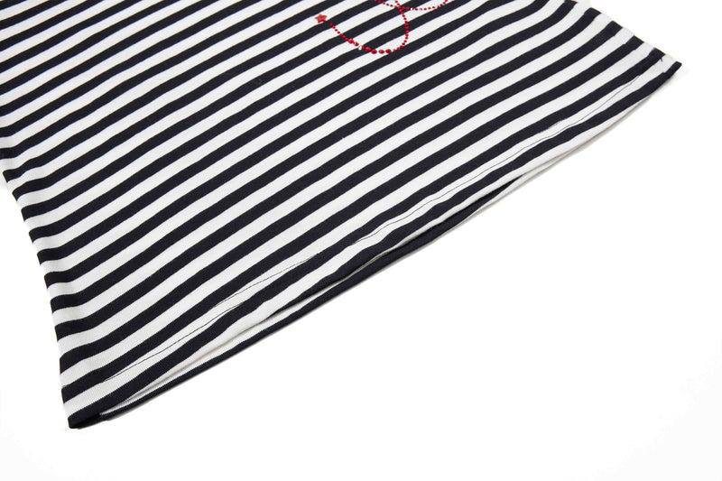 Black and white striped Seakoff tee with red rhinestone chain detail and a gothic streetwear look