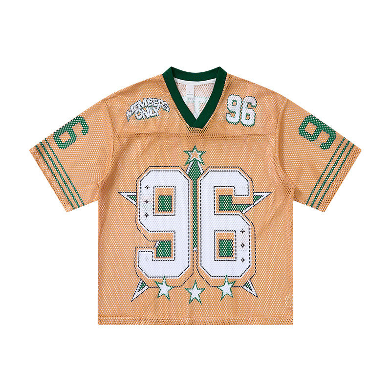 Orange mesh football jersey with green V-neck collar, star graphics, and large 96 number print on the front