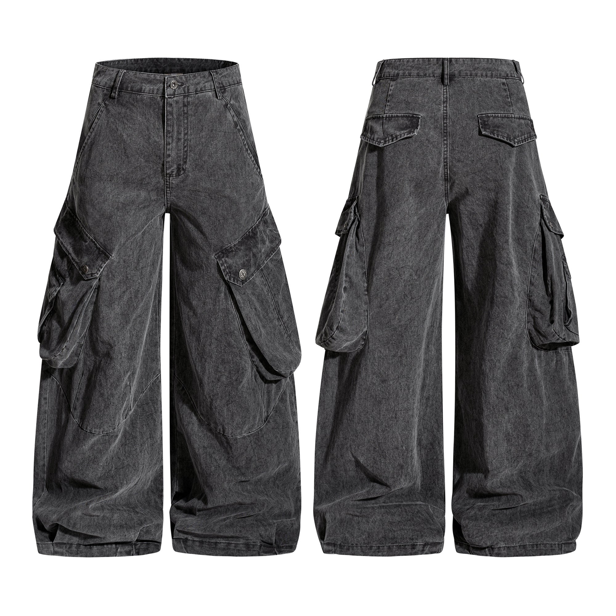 Front and back view of dark grey washed wide-leg cargo pants with oversized flap pockets and relaxed fit