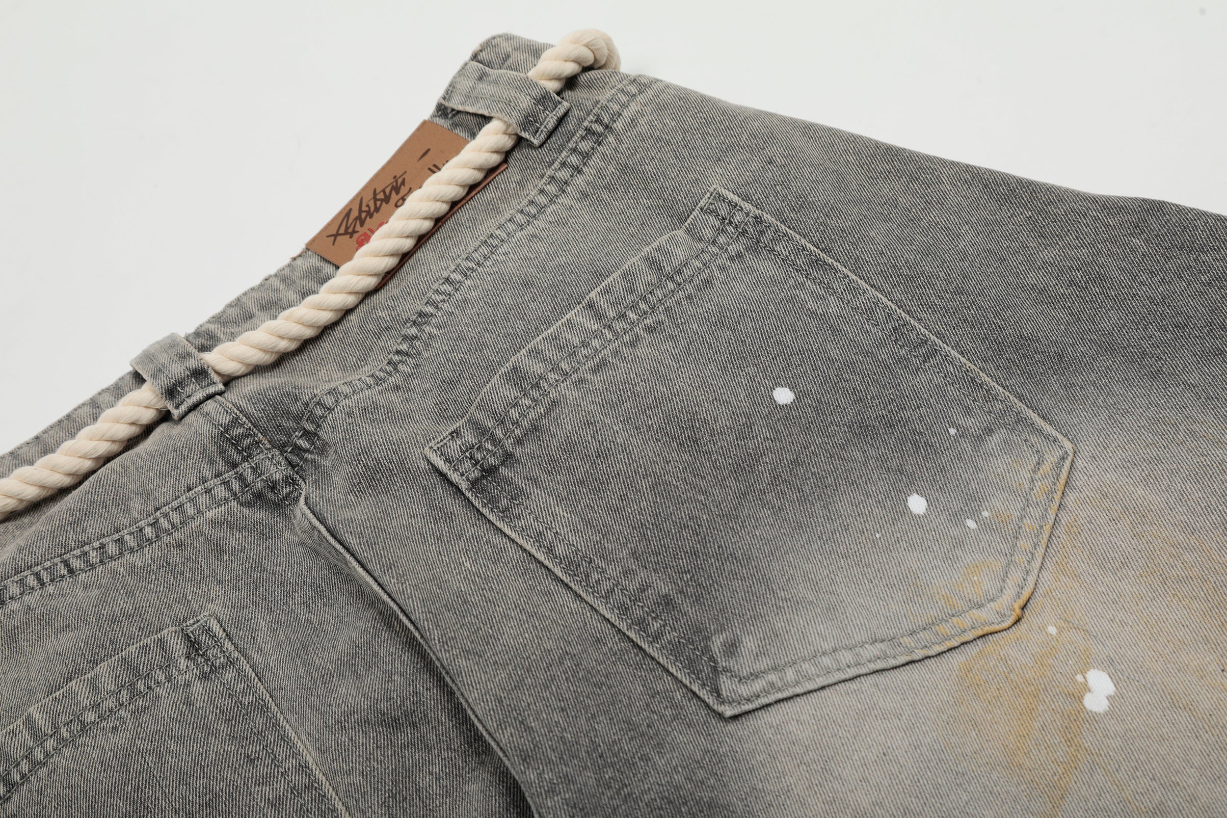 Rope-Waist Paint-Splatter Wide-Leg Jeans | Vintage Wash