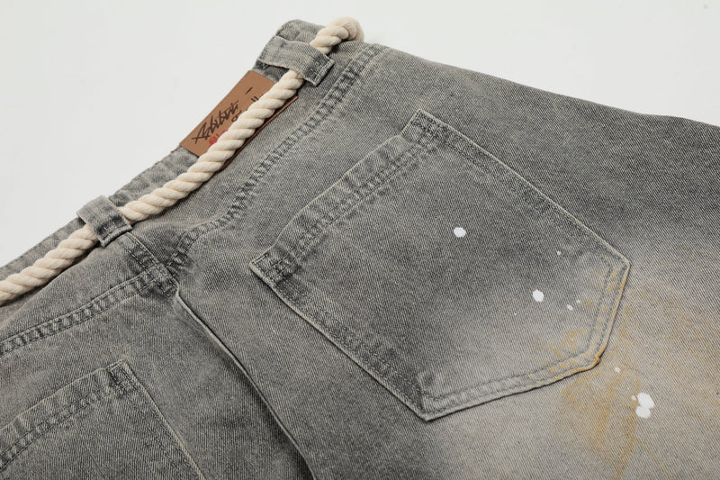 Rope-Waist Paint-Splatter Wide-Leg Jeans | Vintage Wash