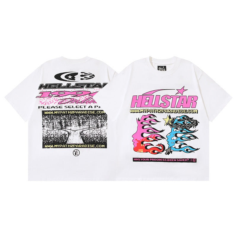 Hellstar Paradise Shirt-250GSM Cotton White Hellstar 1996 화염 그래픽 및 URL 디자인이있는 티셔츠