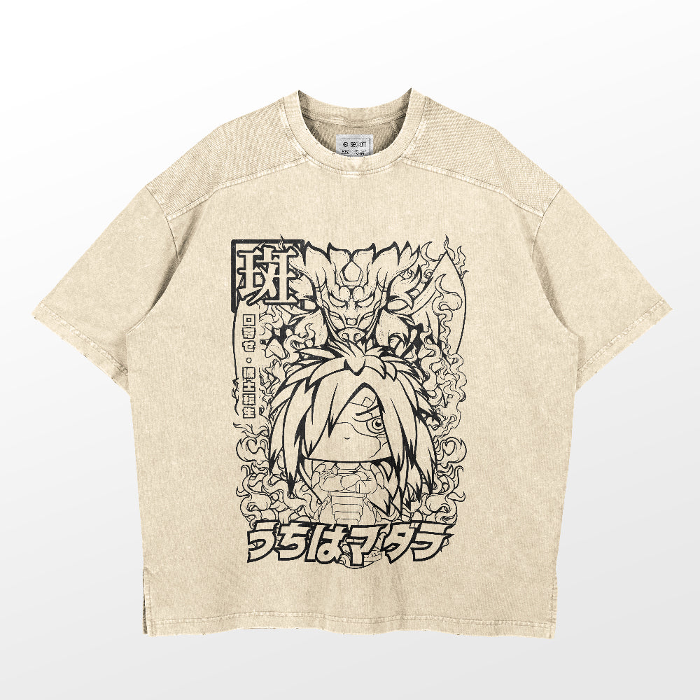 The Naruto Madara Uchiha &amp; Susanoo Chibi Washed Vintage T-Shirt is a beige, high-quality 260 GSM cotton anime streetwear piece. It features a black outlined design of spiky-haired Madara Uchiha and a mythical creature, with bold Japanese text capturing the true chibi style essence.