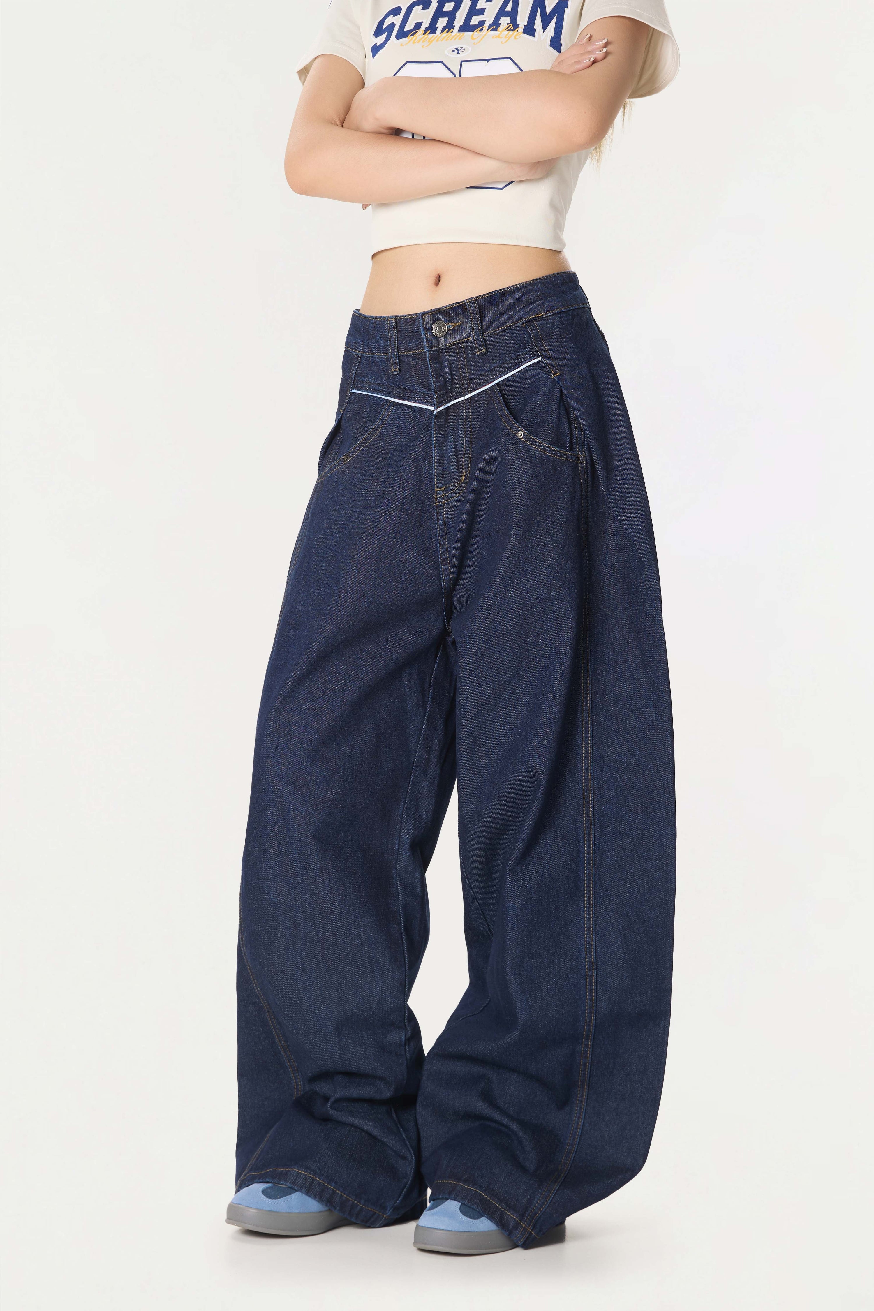 Omirad Contrast Piping Wide-Leg Jeans | Retro Street Denim