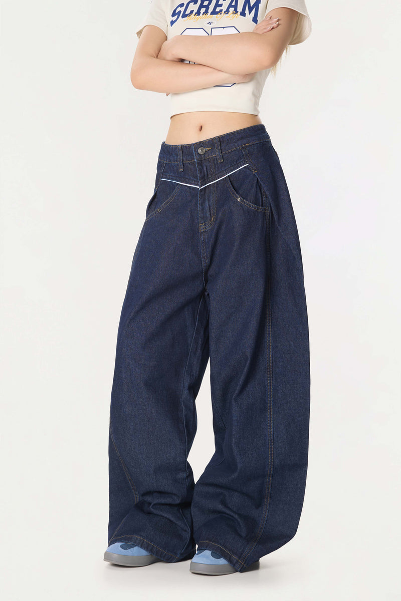 Omirad Contrast Piping Wide-Leg Jeans | Retro Street Denim