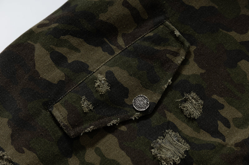 Omirad Camo Hook Detail Distressed Bomber Jacket with Hood