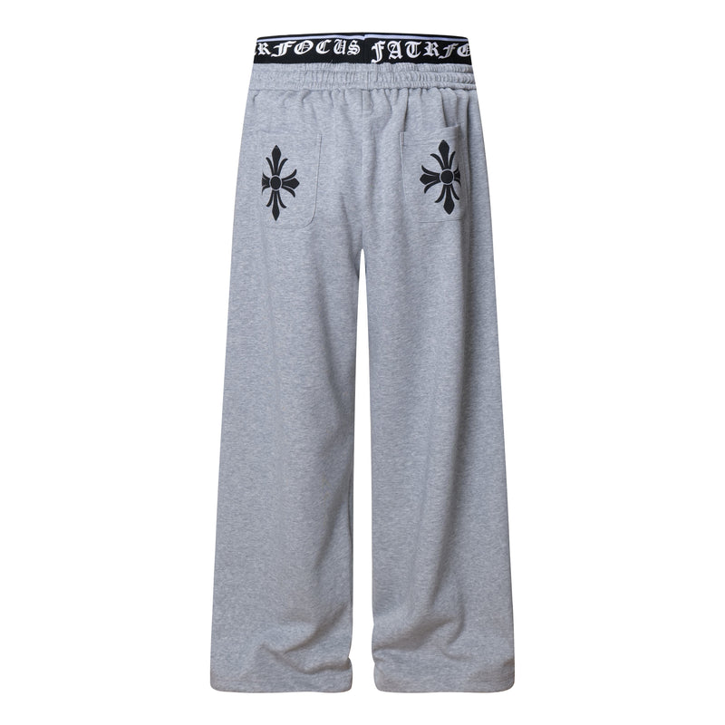 Gothic Cross Wide-Leg Sweatpants | FATFOCUS Logo Waistband
