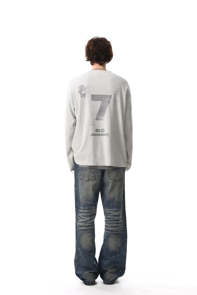Light gray long sleeve tee back view on model with large 7 graphic and text
