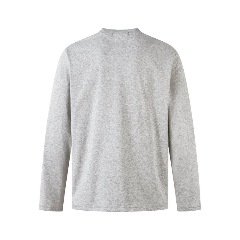 Back view of a light gray long sleeve tee with a plain crew neckline and panel seams