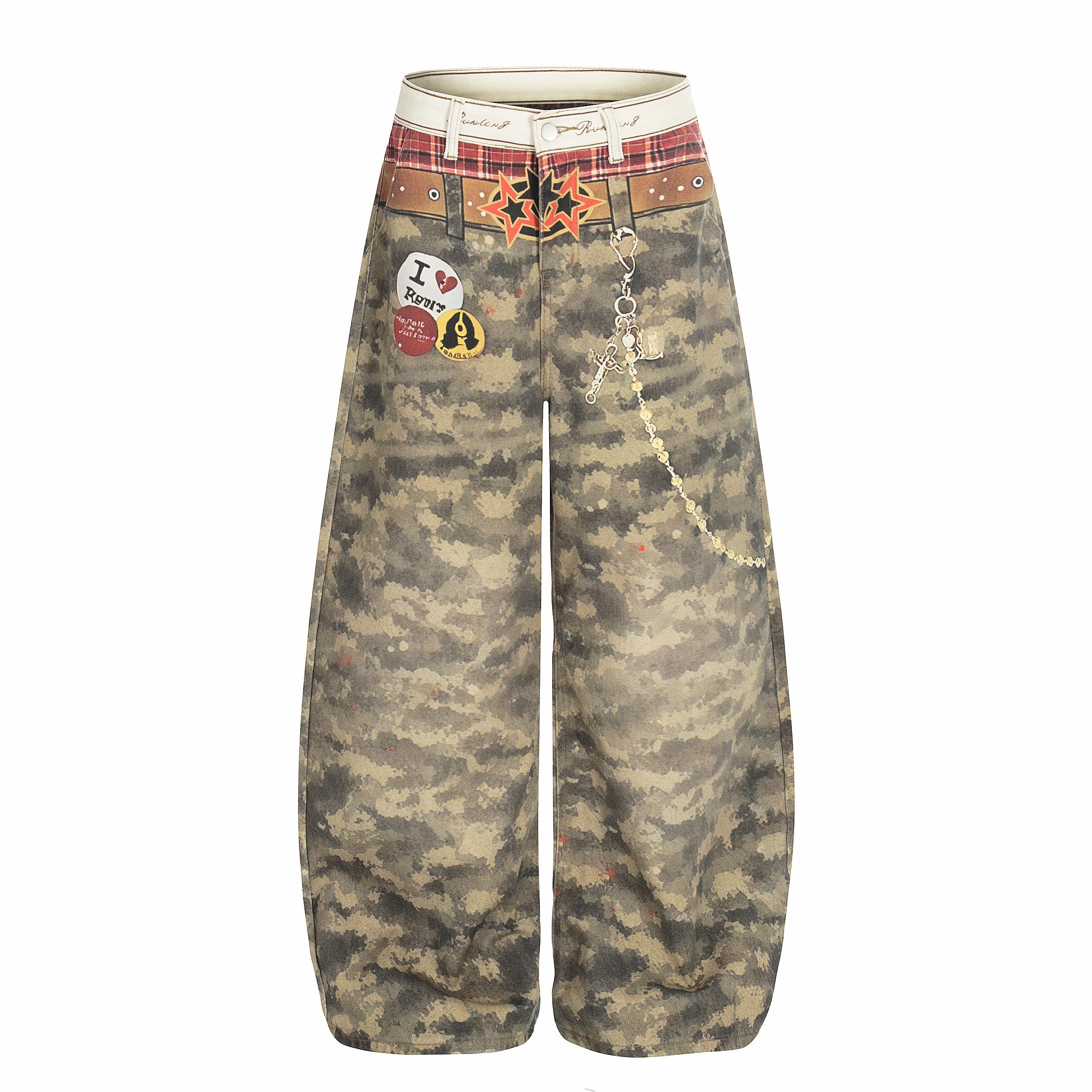 Camo Patchwork Wide-Leg Denim Pants with Chain Detail