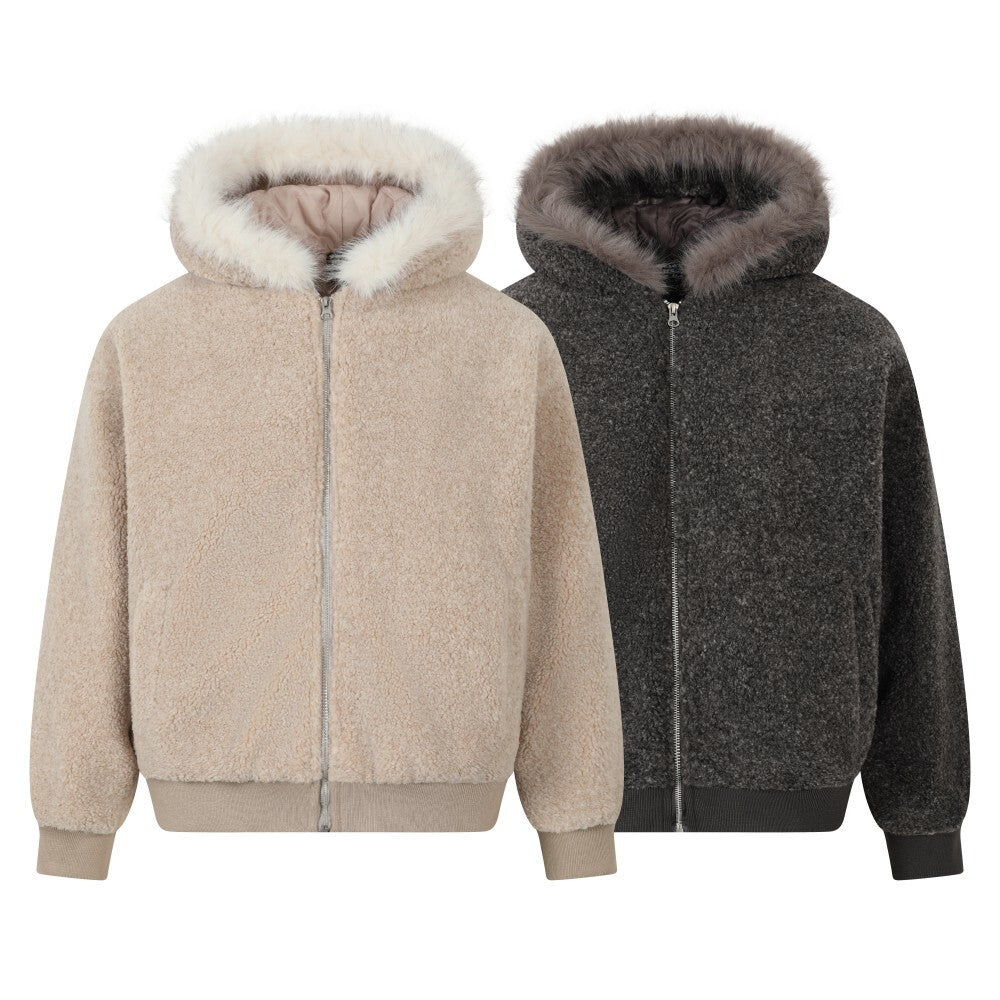 Sand beige faux shearling hooded bomber jacket with white faux-fur trim and full front zipper, front view