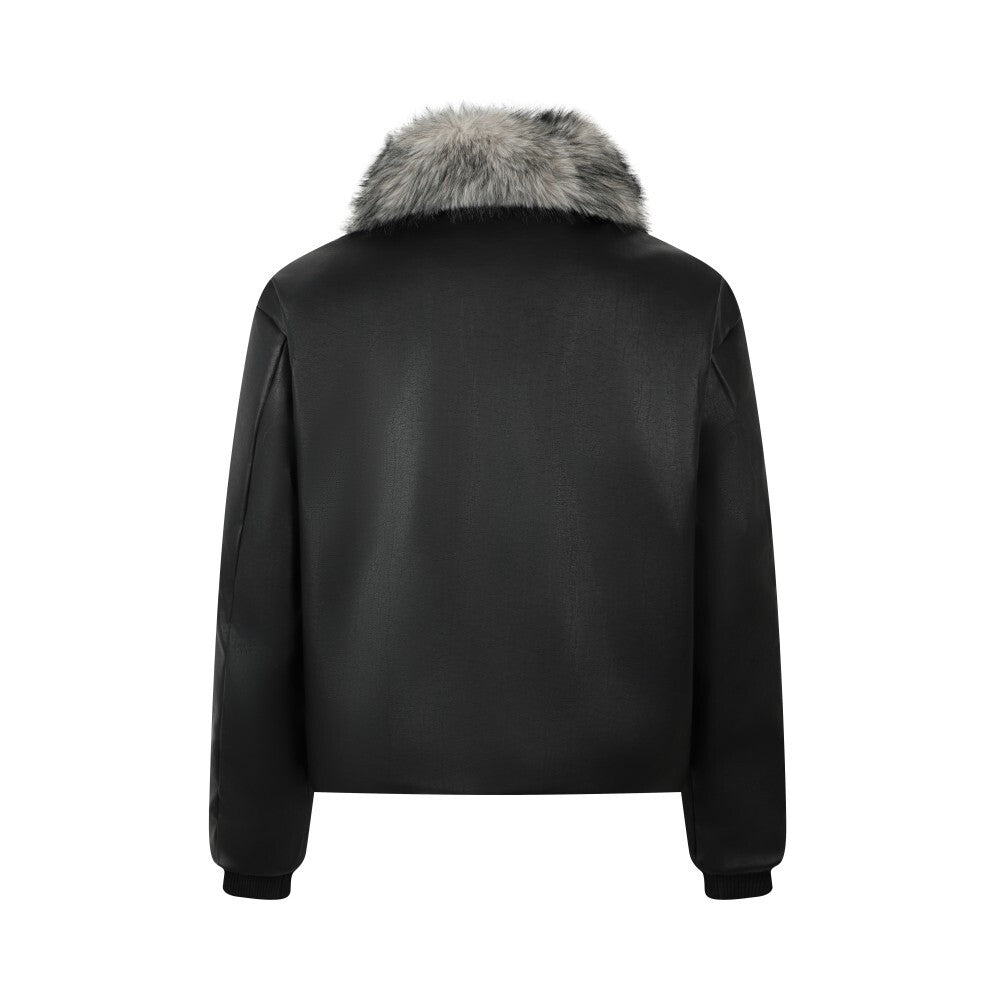Detachable Faux Fur Collar PU Leather Bomber Jacket