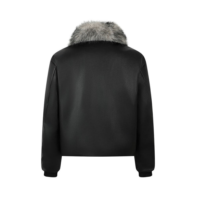 Detachable Faux Fur Collar PU Leather Bomber Jacket