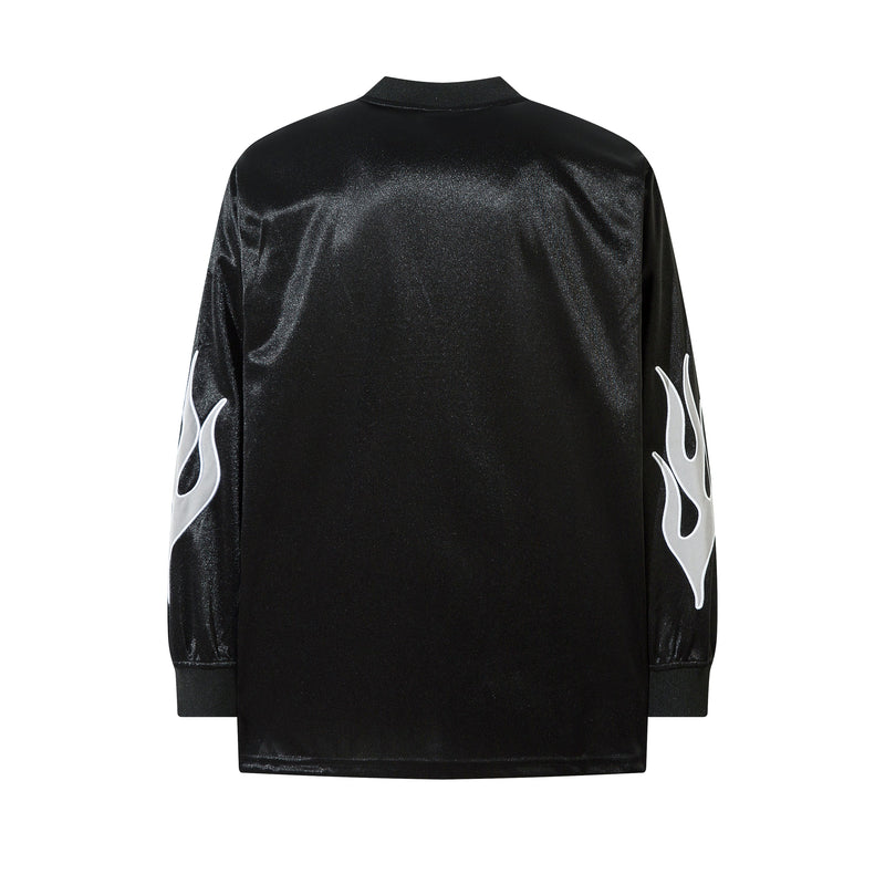 Black long sleeve jersey back view with white flame graphics on the sleeves