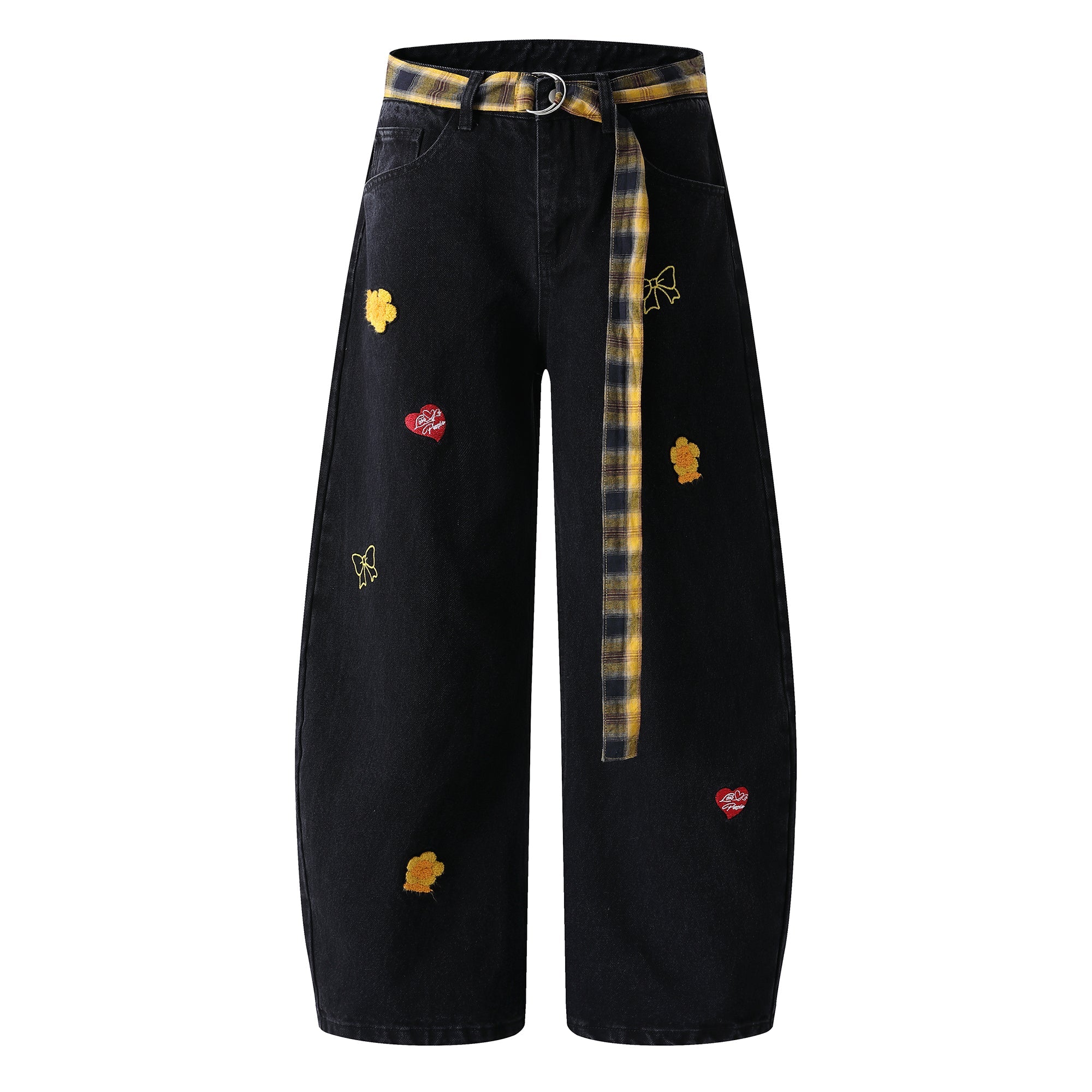 Embroidered Wide-Leg Jeans with Detachable Plaid Belt