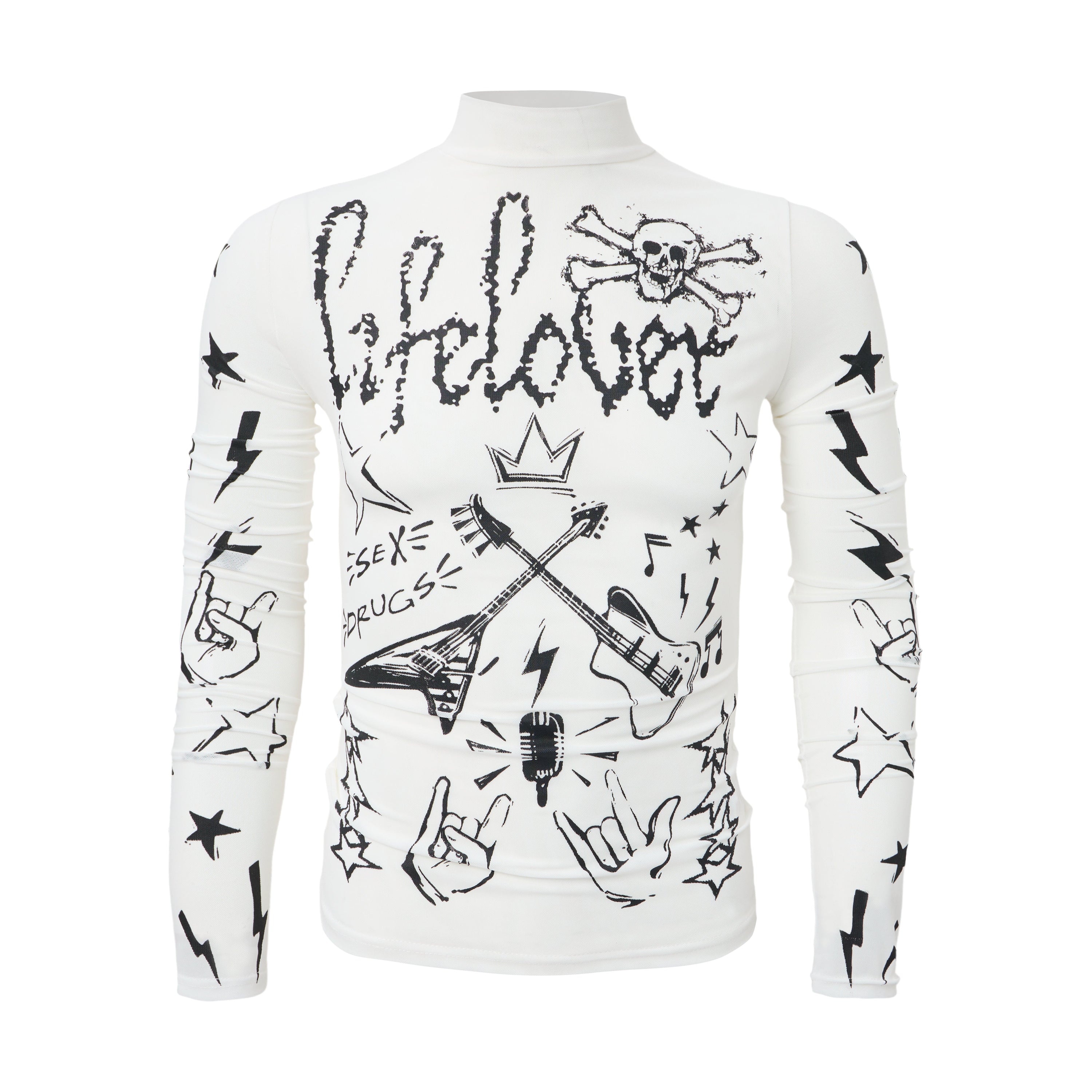 White fitted long sleeve mock turtleneck top with all-over black hand-drawn rock graphics including skulls, guitars, and star