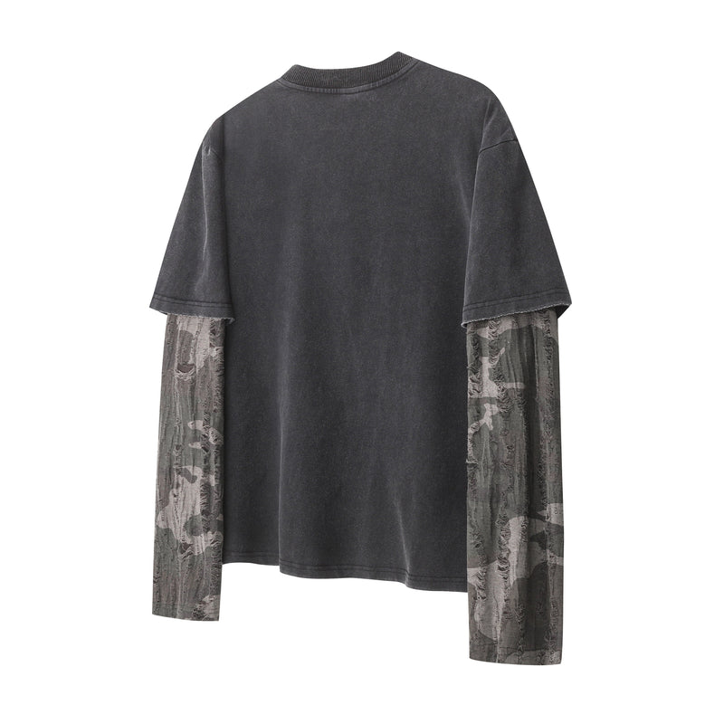Back view of black layered T-shirt with camo mesh sleeves