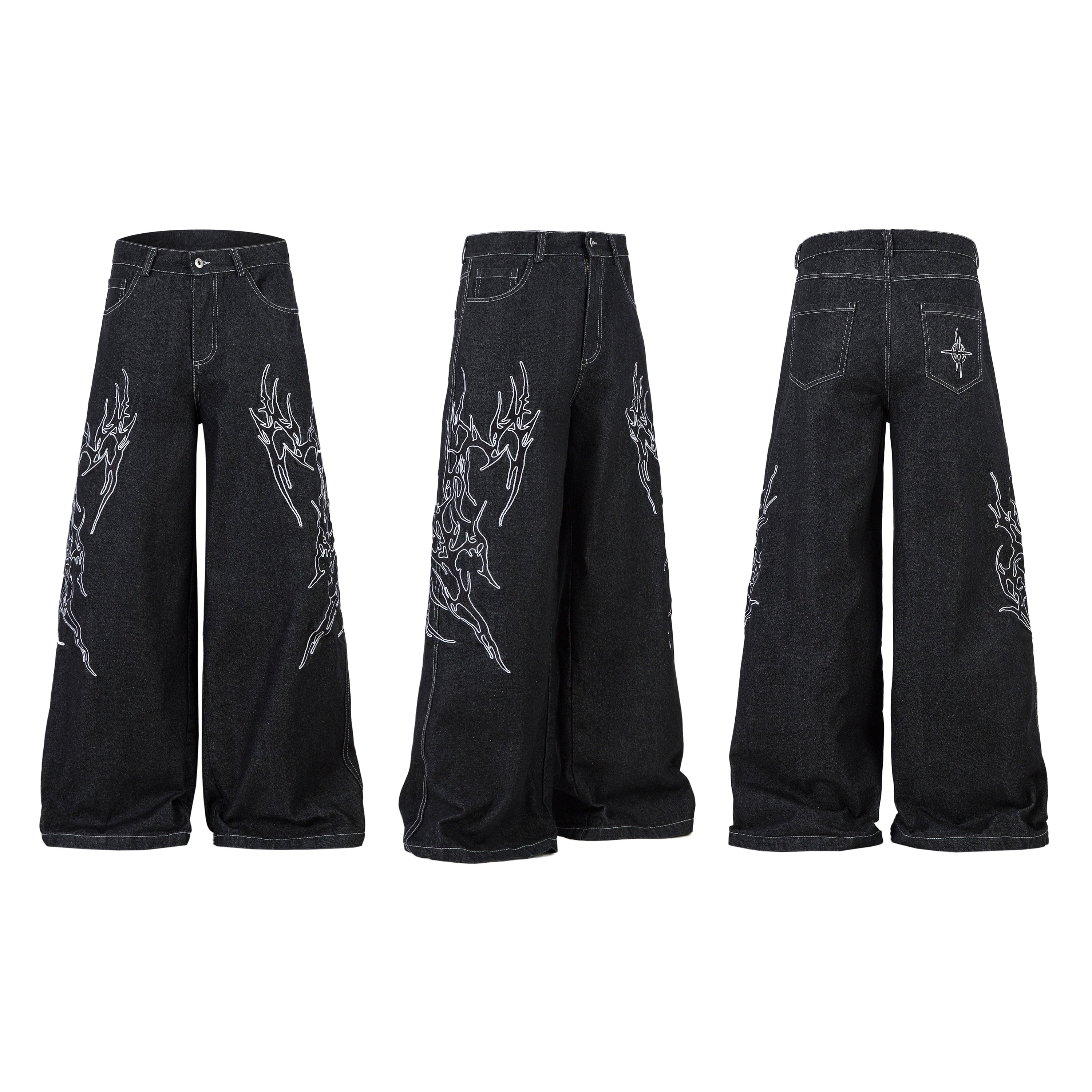 Tribal Wide-Leg Black Denim Jeans | Streetwear Baggy Fit