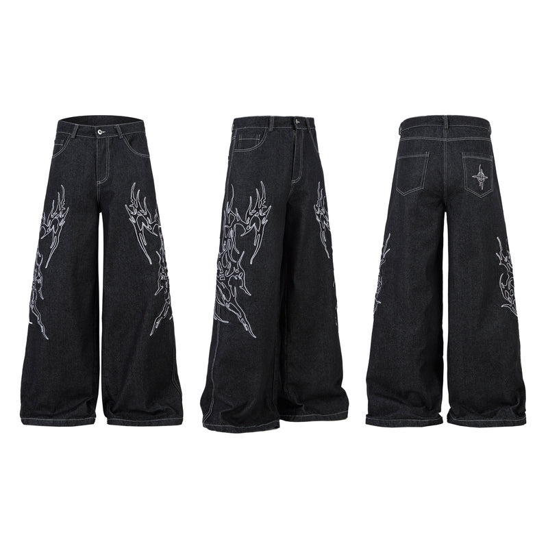 Tribal Wide-Leg Black Denim Jeans | Streetwear Baggy Fit