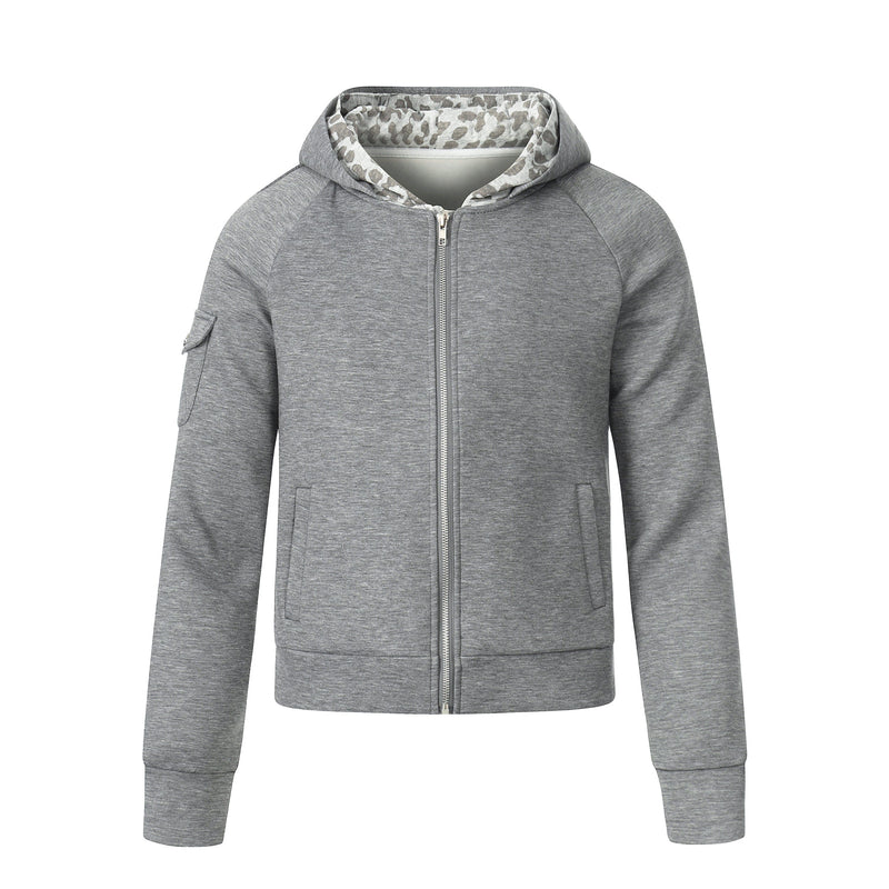 Grey zip-up hoodie with leopard-print hood lining, front closed view