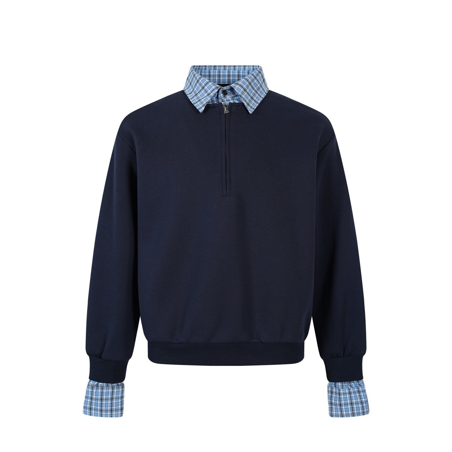 Layered Checkered Collar Half-Zip Pullover | Relaxed Fit