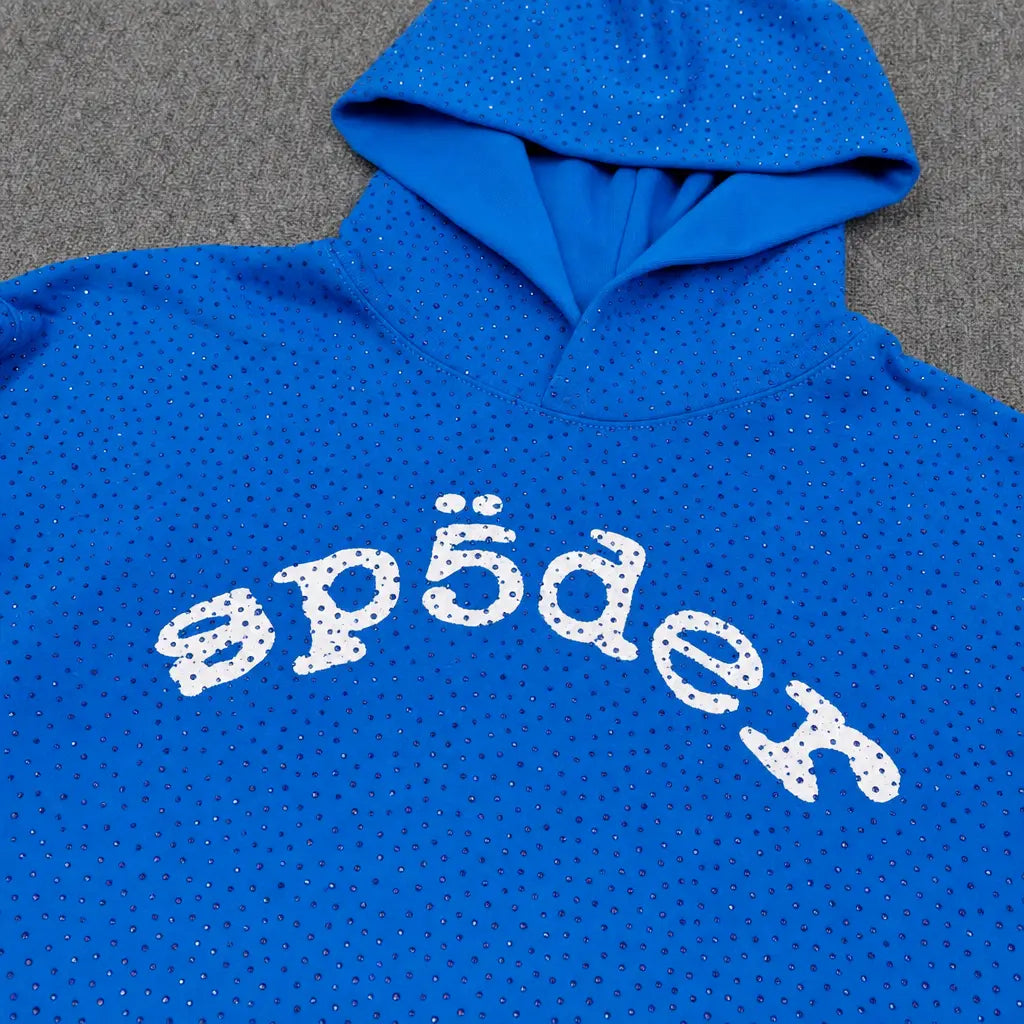 Sp5der Blue Rhinestone All-Over Arch Logo Hoodie