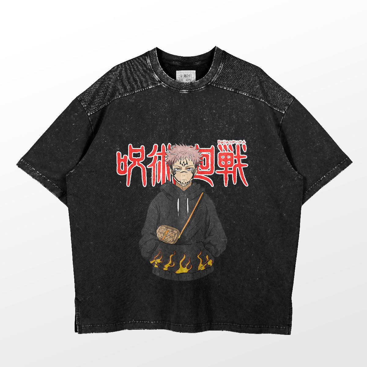 The Jujutsu Kaisen Sukuna Streetwear T-Shirt is a black, high-quality anime tee featuring a spiky-haired character in a hoodie. Bold red Japanese text and fiery hem designs complete this must-have piece for any anime apparel collection.