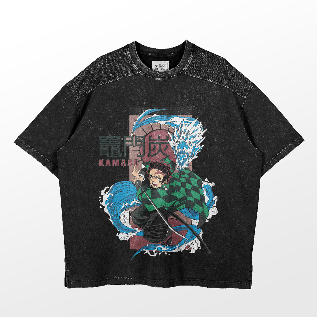 The Tanjiro Kamado Water Dragon T-Shirt by Demon Slayer features Tanjiro brandishing a sword amid swirling water and dragons. &quot;KAMADO&quot; appears above in stylized text, and the shirt boasts a textured, worn look.