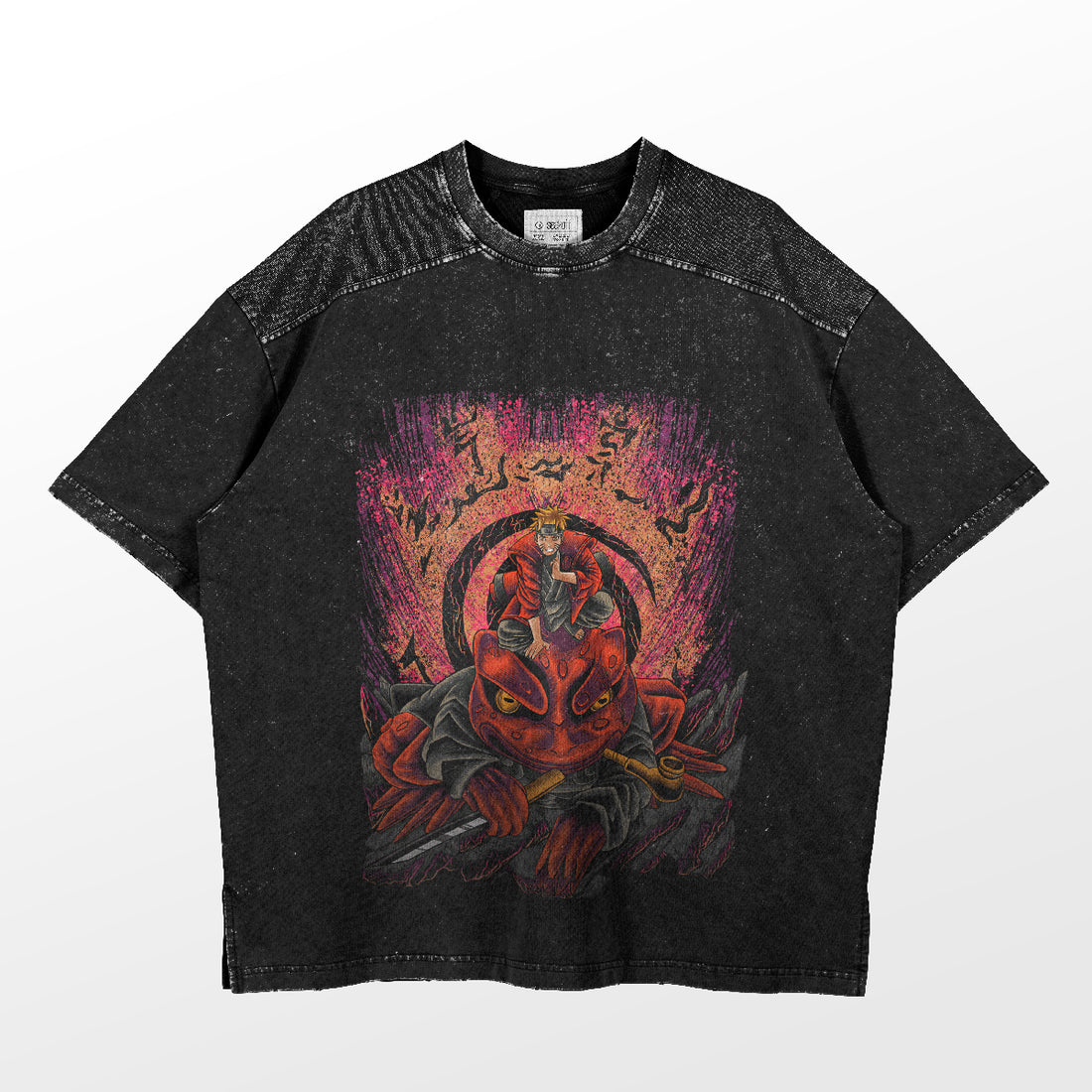 The Naruto on Gamabunta T-Shirt by Naruto features a bold graphic of the red monster on a rock with fiery details. Its vintage faded look and textured sleeves make it an essential for anime fans. Part of the Premium Anime Apparel collection, it&