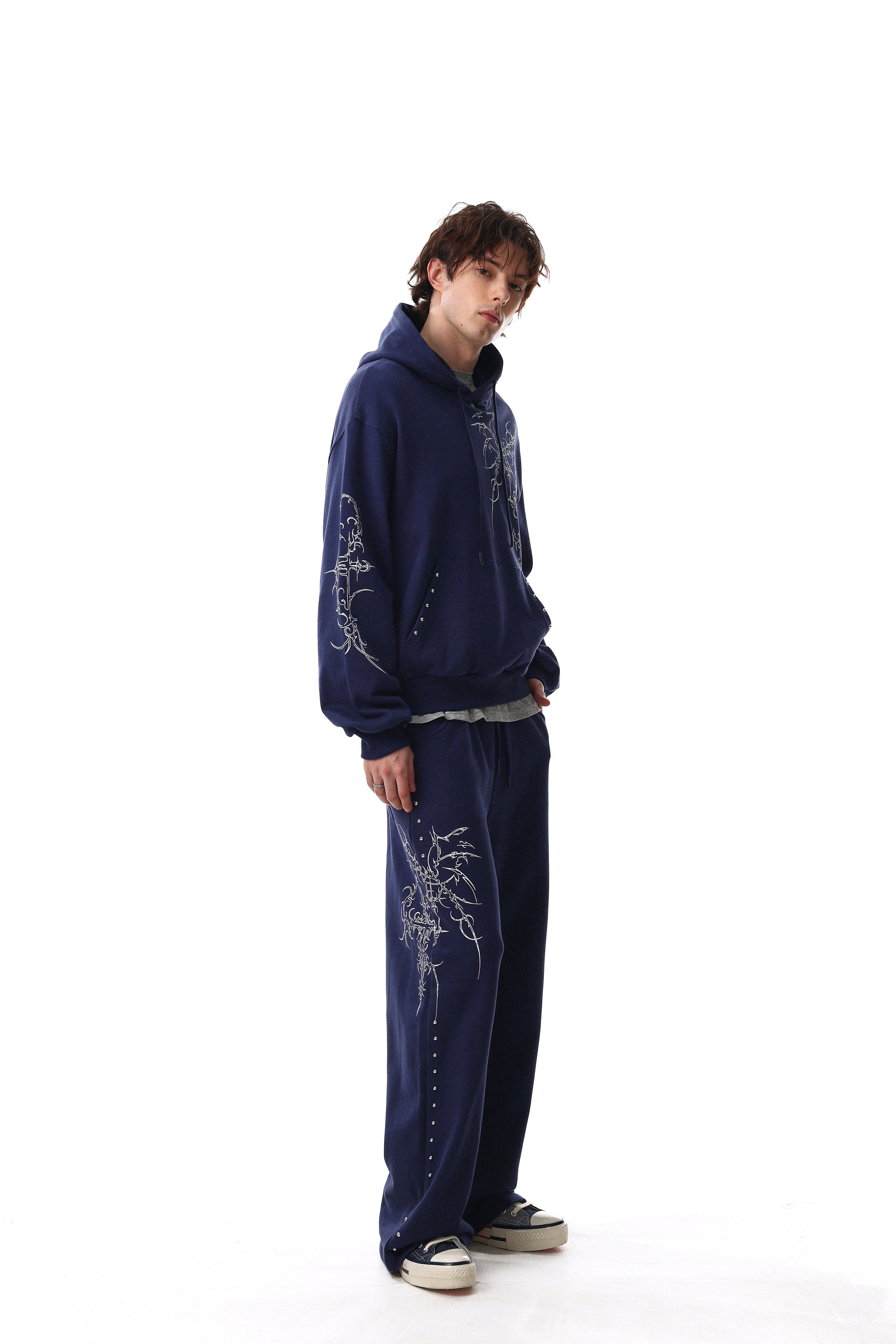 Gothic Line Graphic Wide-Leg Sweatpants with Side Rivets