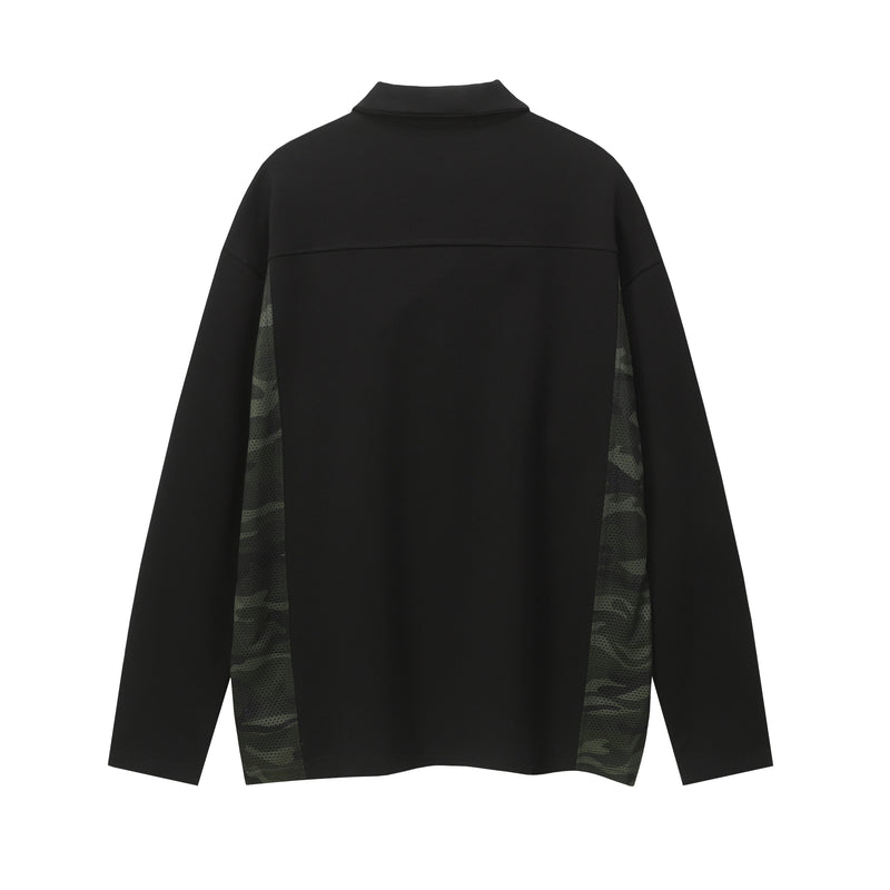 Black long sleeve polo shirt with camouflage side panels, back view