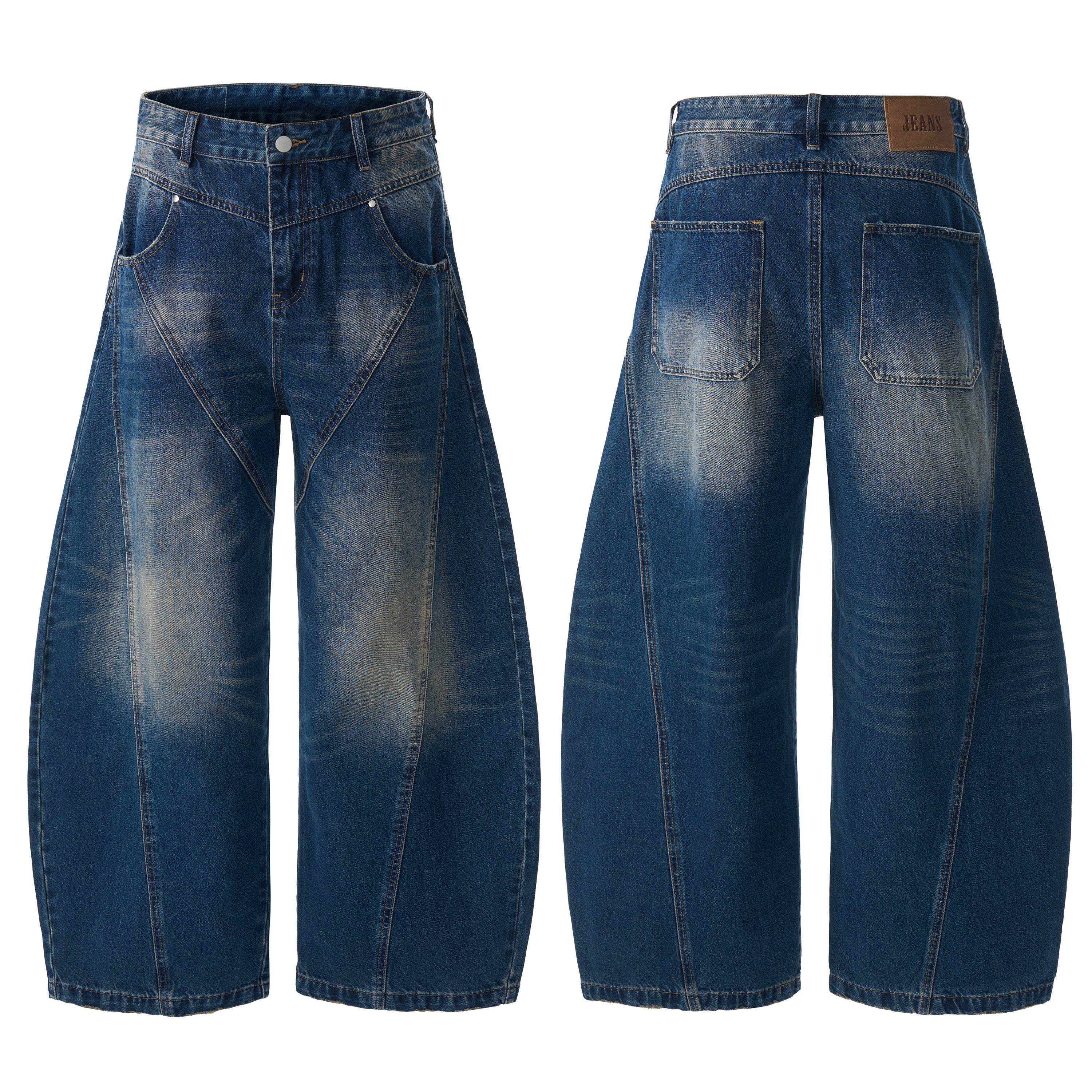 Front and back view of oversized wide-leg jeans with V-panel construction and vintage wash in medium blue denim