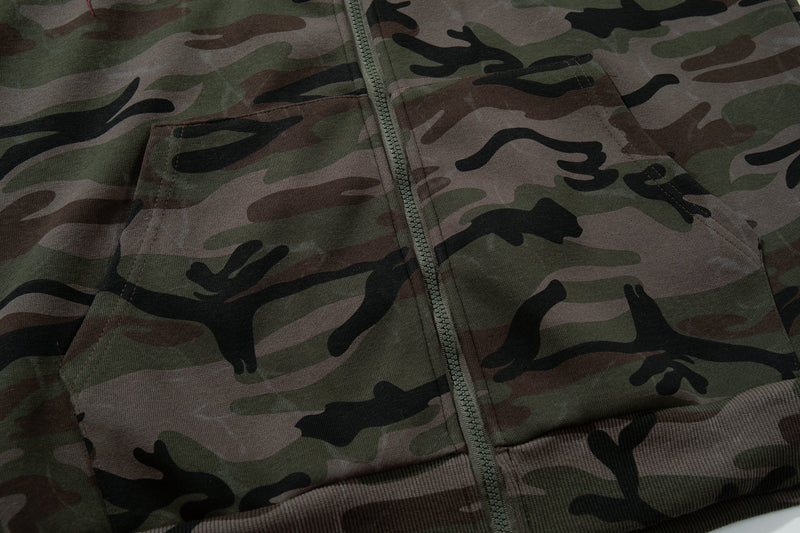 Front close-up of camouflage hoodie with zip closure and kangaroo pockets