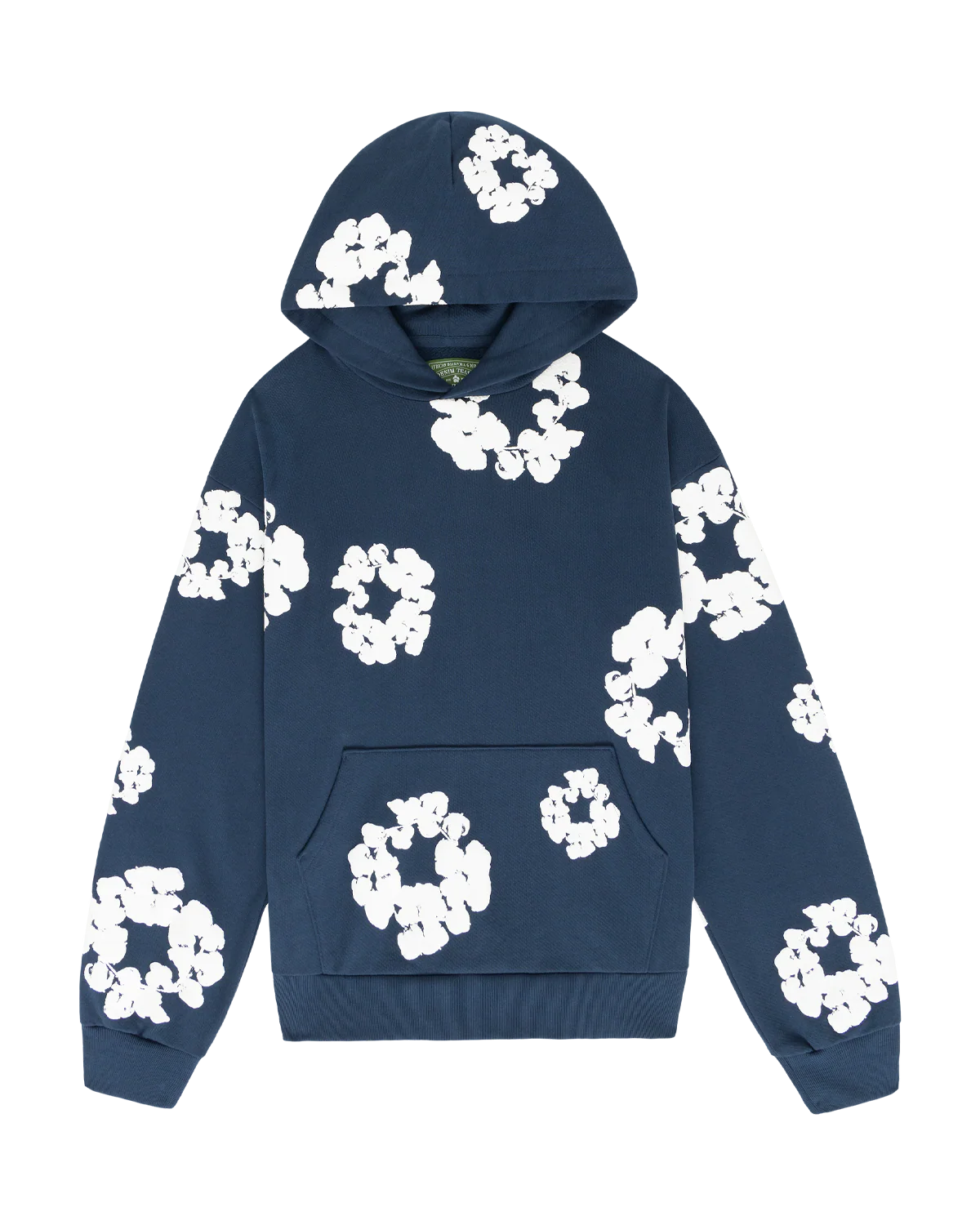 Navy “Cotton Wreath” Denim Tears Hoodie – White Floral Print Streetwear Pullover