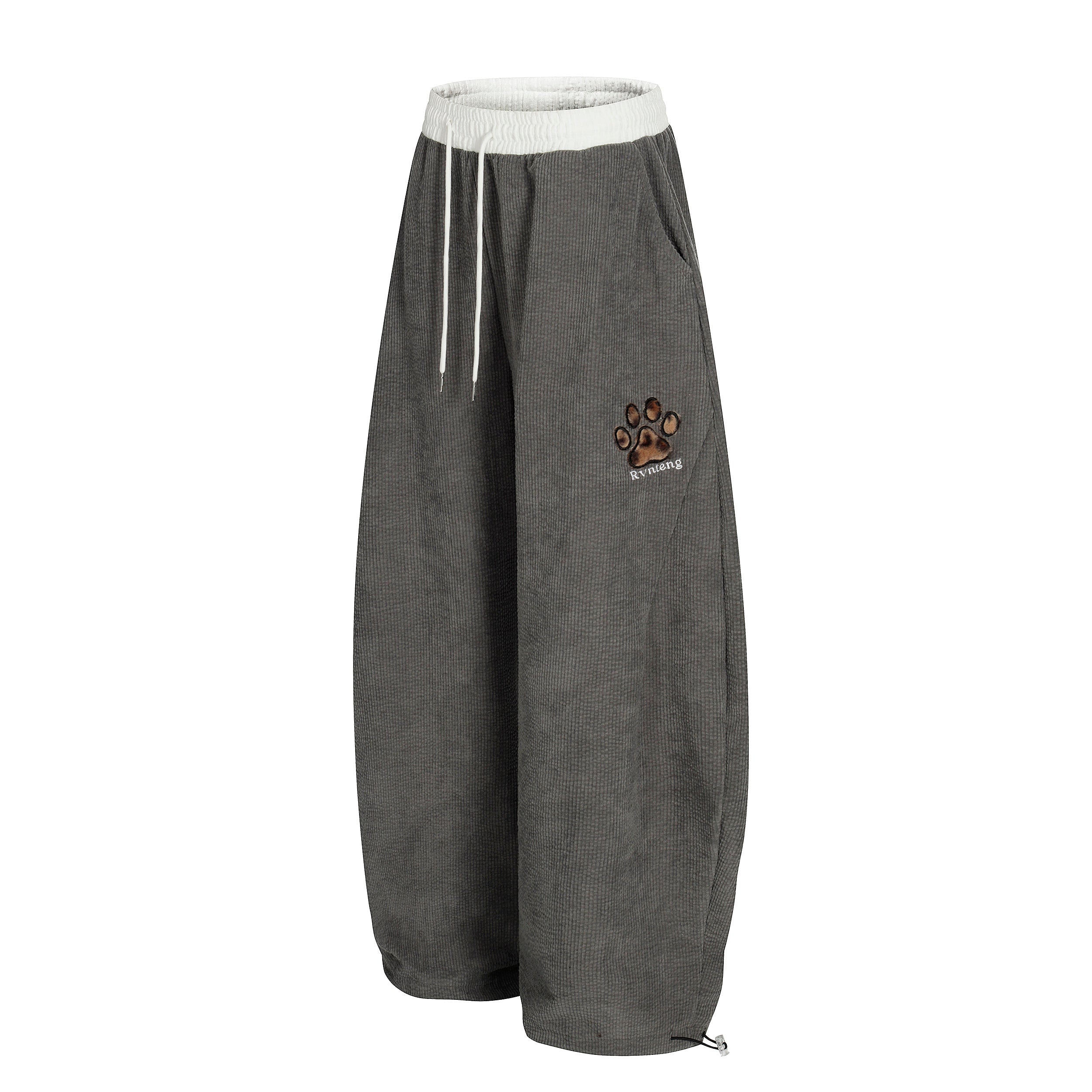 Corduroy Paw Embroidered Barrel-Leg Pants | Streetwear