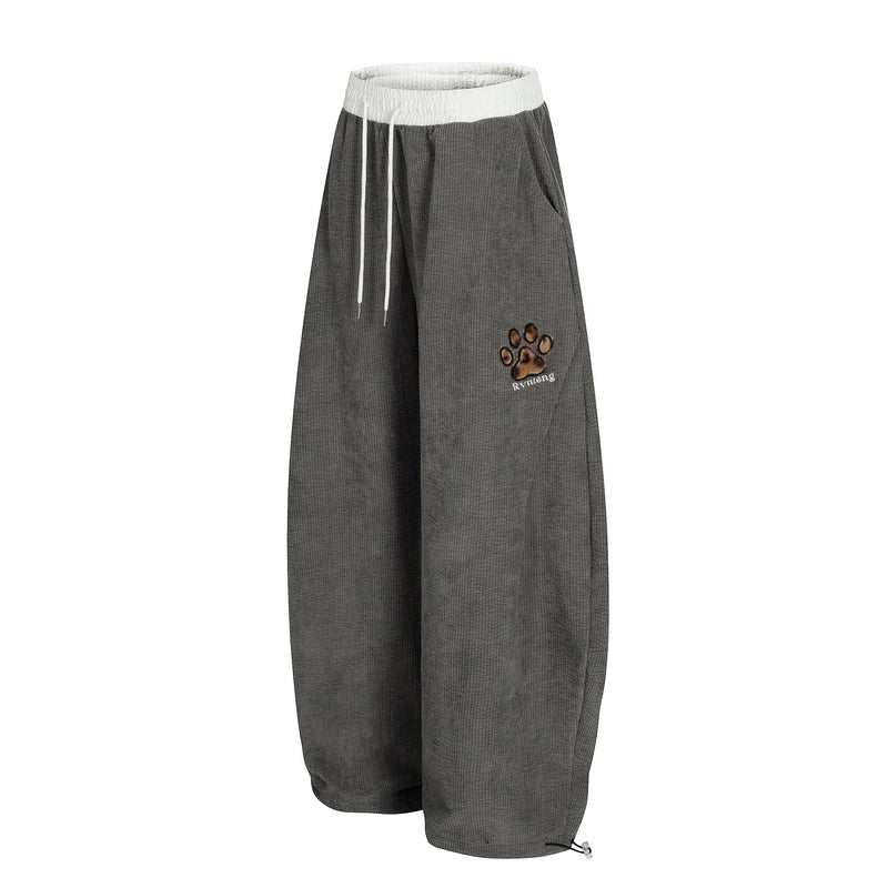 Corduroy Paw Embroidered Barrel-Leg Pants | Streetwear