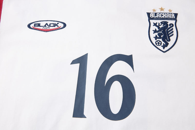 White BLACKAIR retro football jersey with navy number 16 and embroidered crest on the chest