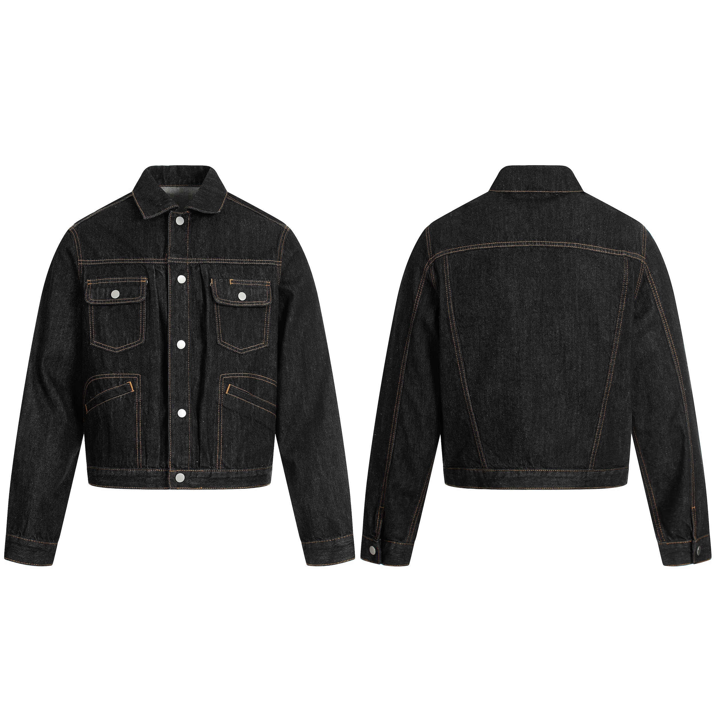 Omirad raw black cropped denim jacket shown from front and back, featuring contrast amber stitching and dual chest pockets