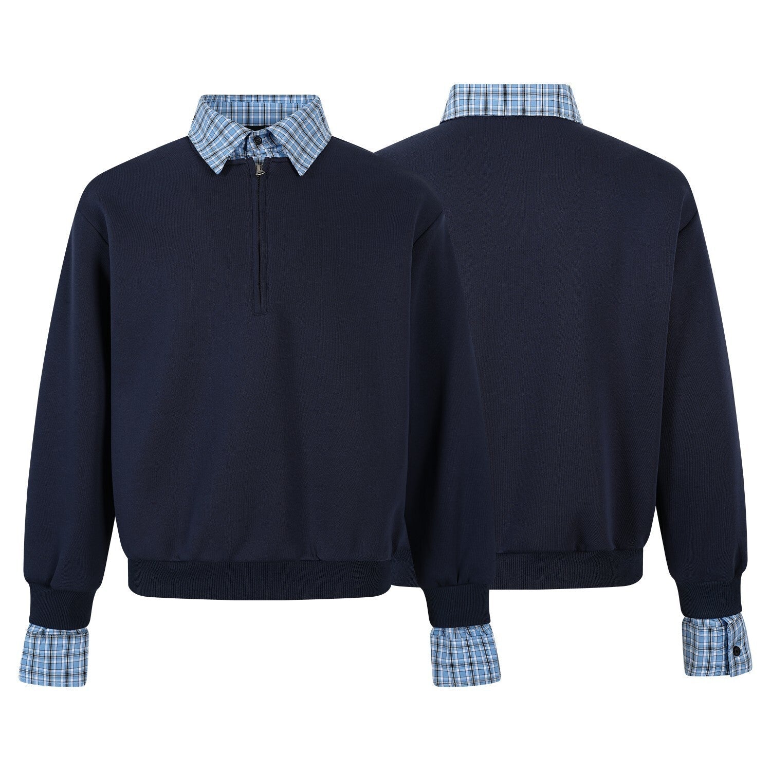 Layered Checkered Collar Half-Zip Pullover | Relaxed Fit