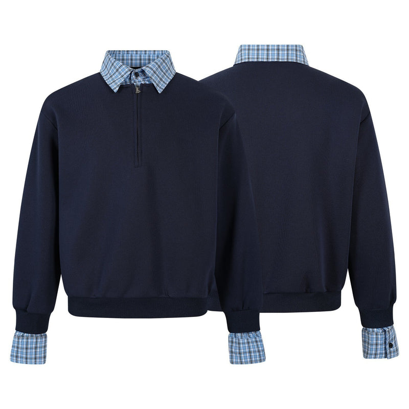 Front and back view of navy half-zip pullover with blue plaid collar and cuffs