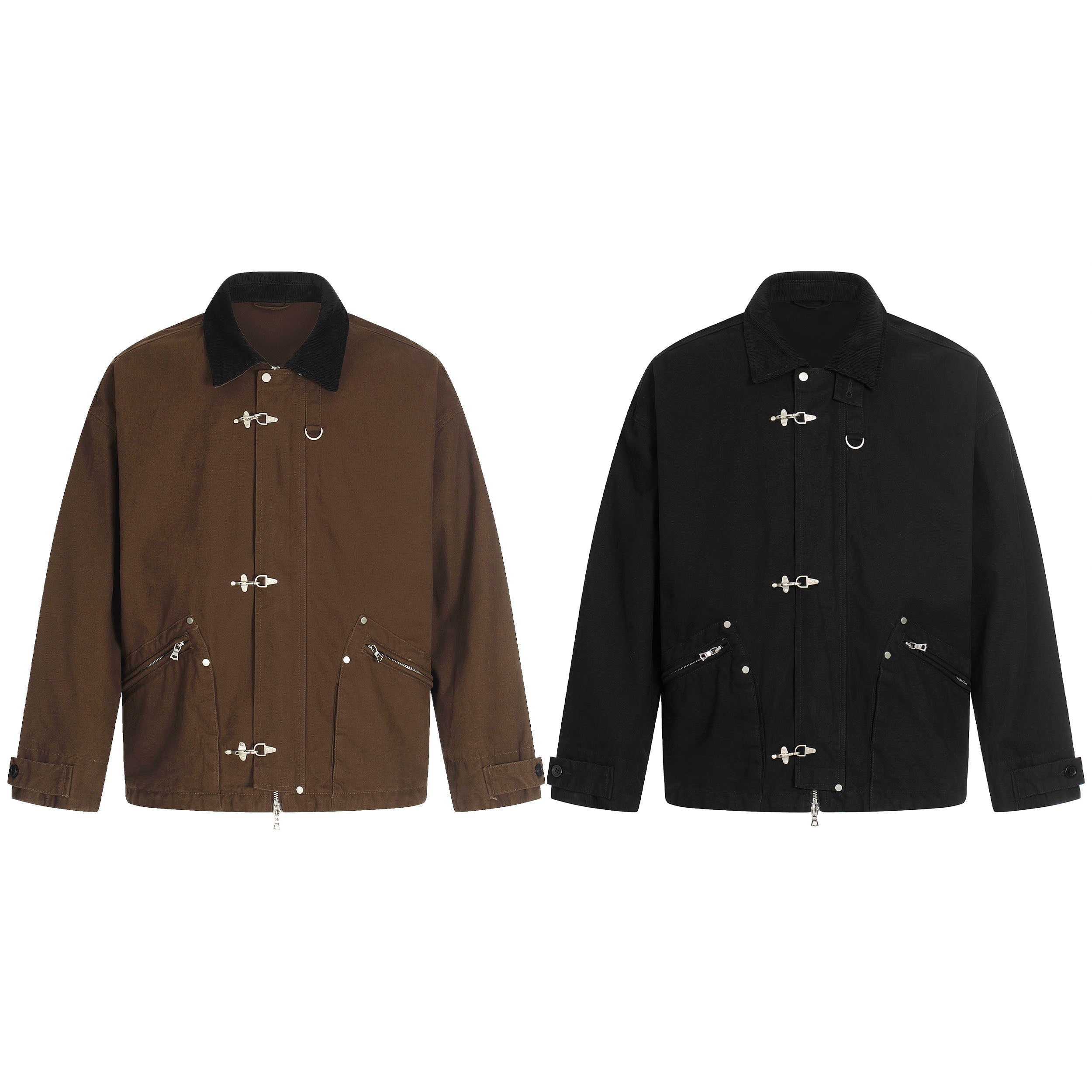 Brown cotton work jacket with black corduroy contrast collar, silver metal toggle closures, and zippered hip pockets on white
