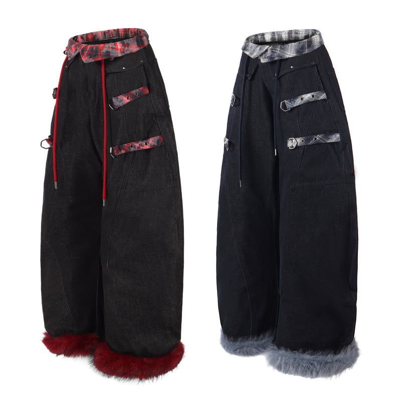 Black barrel leg denim pants with plaid waistband and red and gray faux fur cuffs