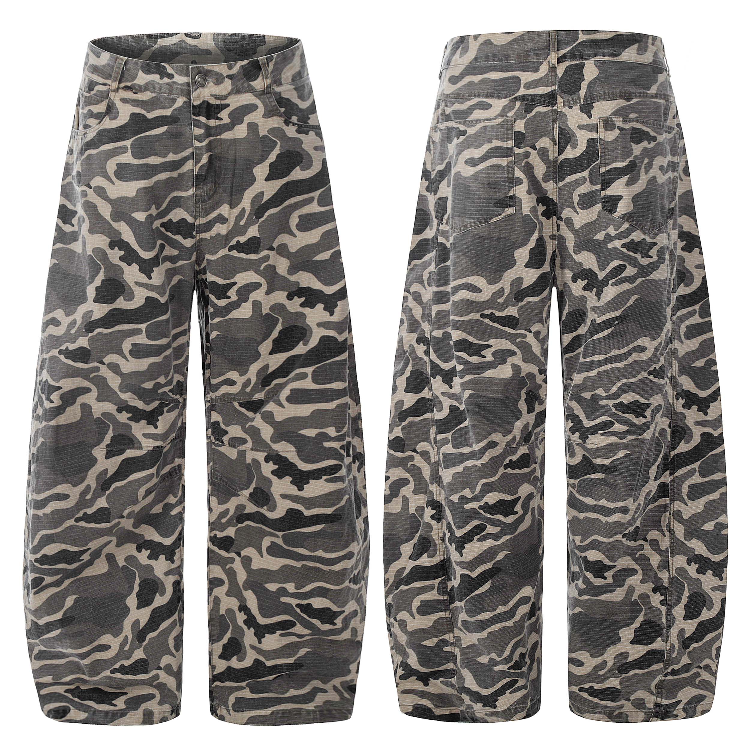 Front and back view of grey tiger camo barrel wide-leg pants in 100% cotton ripstop fabric