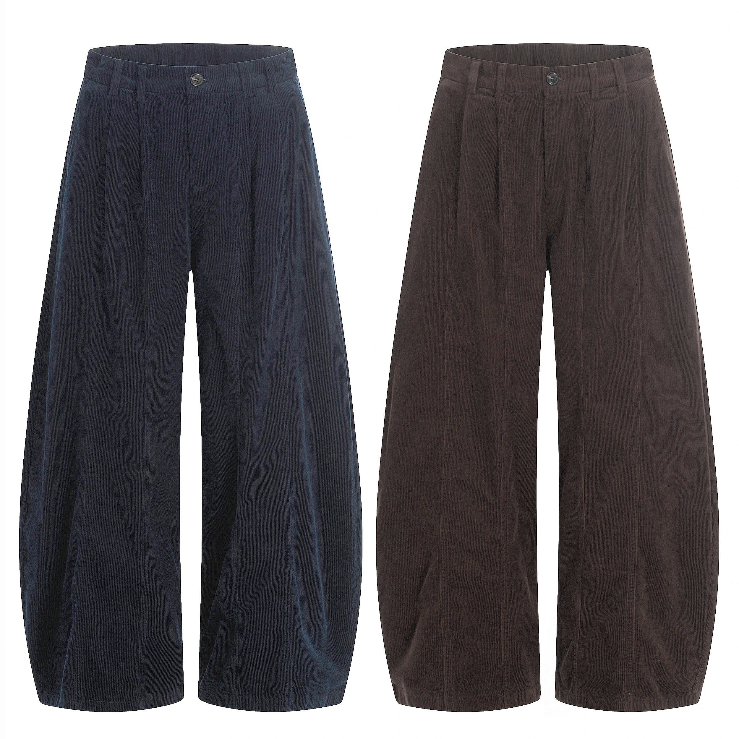 Omirad wide-leg corduroy pants in navy blue and dark brown, front view showing pleated waistband and wide straight-leg silhou