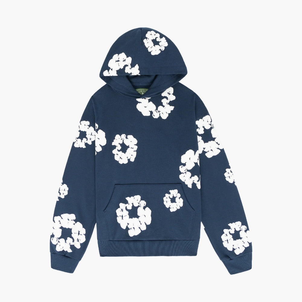 Navy “Cotton Wreath” Denim Tears Hoodie – White Floral Print Streetwear Pullover