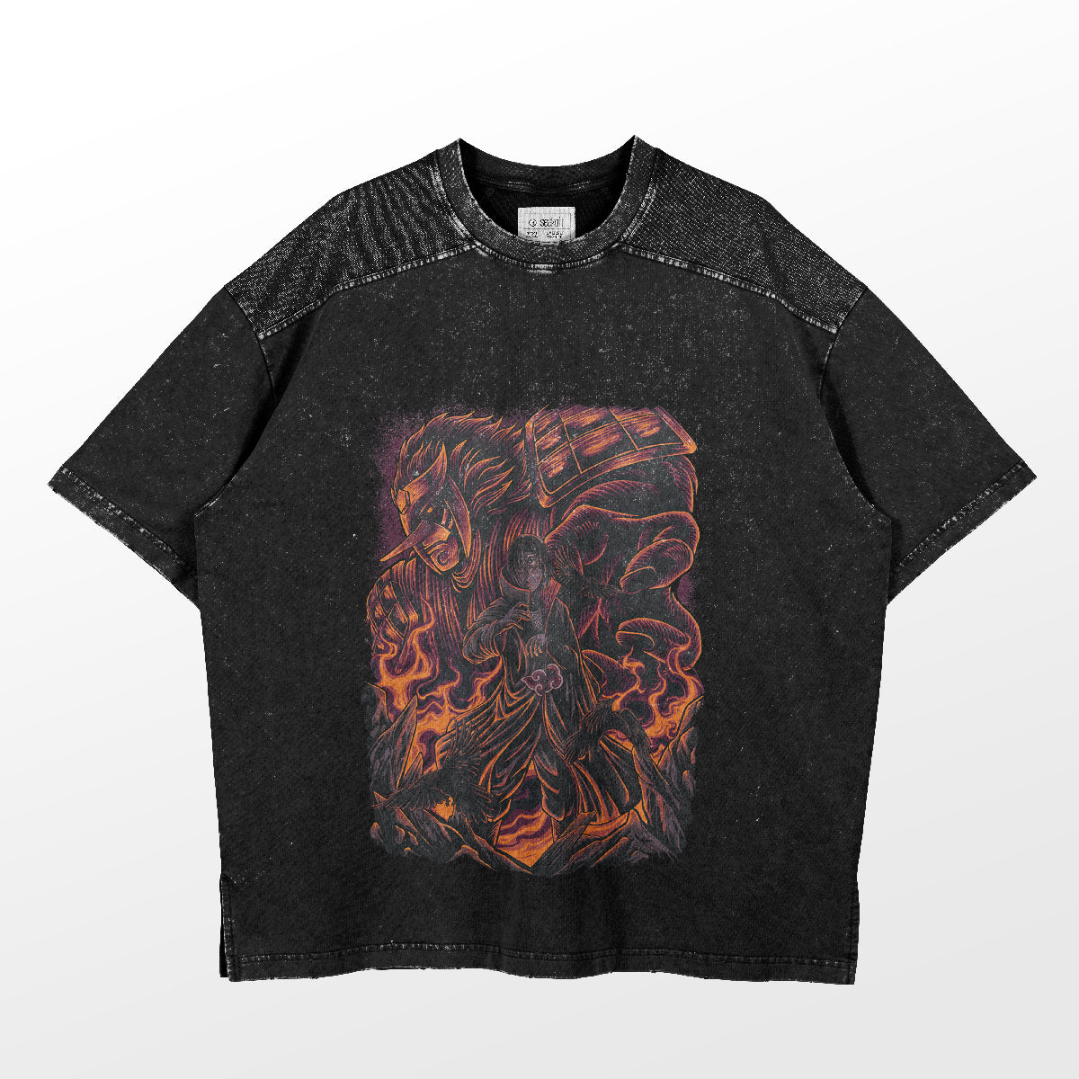 The Itachi Susanoo T-Shirt from Naruto Shippuden is a unique black anime shirt featuring a vintage-style warrior in armor with a sword, glowing fiery orange and red against dark tones. Perfect for fans seeking distinctive Naruto apparel.