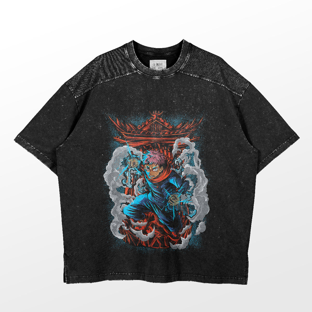 The Itadori Yuji Jujutsu Kaisen T-Shirt from Jujutsu Kaisen features a dynamic pose amidst intricate designs and smoke-like elements against a textured backdrop, known as the Temple Guardian Design.